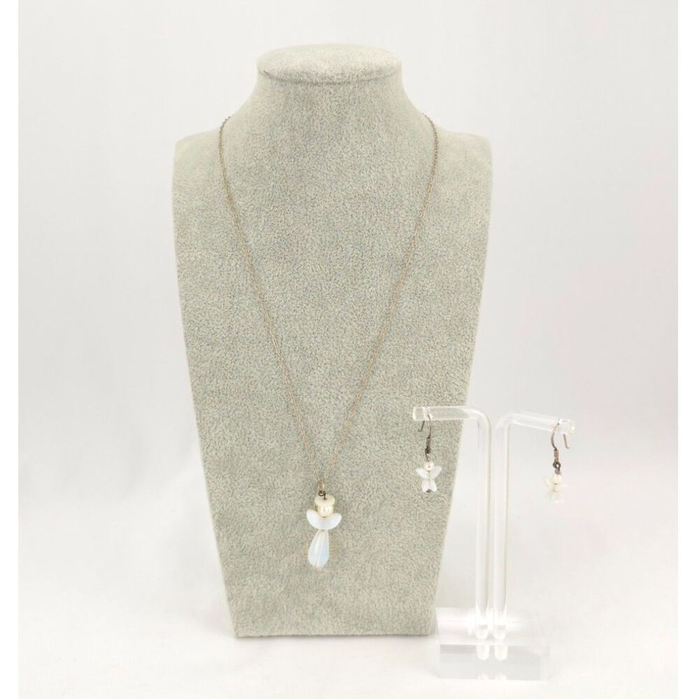 Sterling Silver Pearl & Moonstone? Teardrop Angel Necklace Earring Set Religious